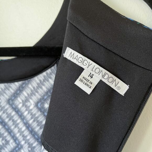 Maggy London Sleeveless Geometric Print Dress 14 Blue Green White Career Spring - Picture 7 of 11